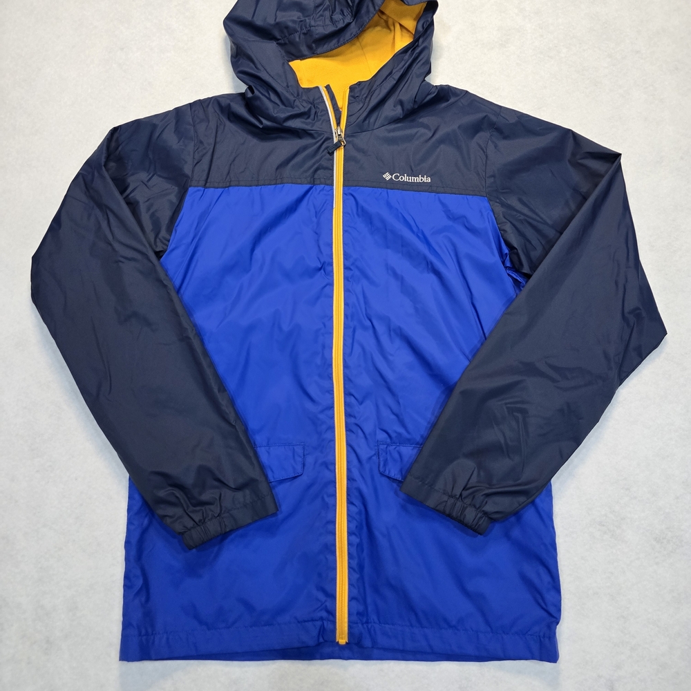 Columbia Boys Raincoat Navy Blue, Royal Blue & Yellow Zip Size XL